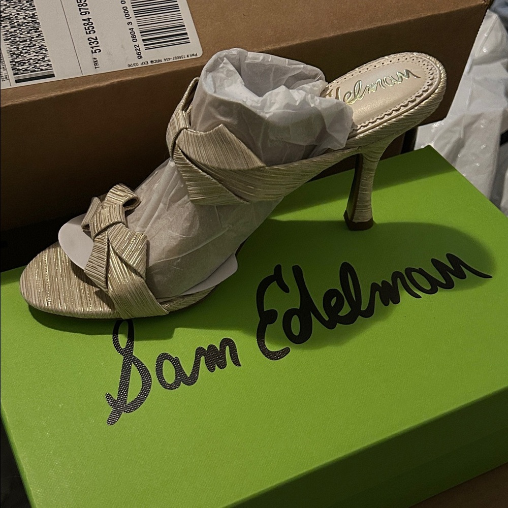 Sam Edelman Metallic Gold Knotted Mule Heels